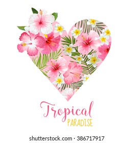 Floral Heart Graphic Design - Tropical Flowers Theme - for t-shirt, fashion, prints - in vector