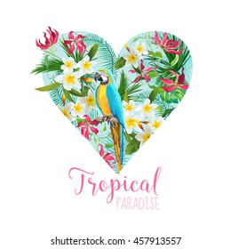 Floral Heart Graphic Design - Tropical Flowers and Parrot Bird - for t-shirt, fashion, prints - in vector