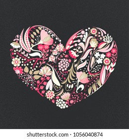 Floral heart. Hand drawn creative flowers. Romance. Colorful artistic background with blossom. Abstract herb. Valentine card, postcard, banner, poster, print on clothes. Vector illustration, eps10