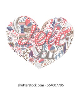 Floral heart. Hand drawn creative flower. Greeting background on Valentine's Day. Feast of love. Holiday. Colorful card. Vector illustration, eps10.
