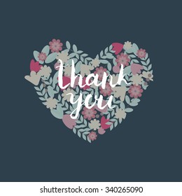 Floral heart with hand drawn lettering thank you. Vector nature illustration for design save the date, invitations, romantic cards, valentines day