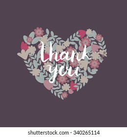 Floral heart with hand drawn lettering thank you. Vector nature illustration for design save the date, invitations, romantic cards, valentines day