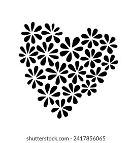 Floral heart hand drawn with line. Heart made of flowers. Graphic design element for wedding invitation, birthday card, baby shower, Valentine's Day, scrapbooking. Vector illustration
