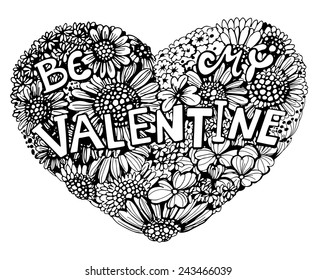Floral heart. Hand - drawn heart made of various types of flowers on white background. Valentine day card.