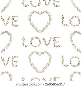 Floral heart hand drawn vector seamless pattern