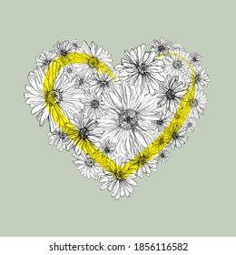 Floral heart illustration with daisy pattern
