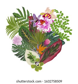 Floral heart with isolated exotic flowers, herbs and tropical leaves.Vector botanical illustration.Abstract background texture.