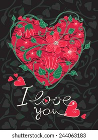 Floral heart and lettering "I love you", Vector illustration