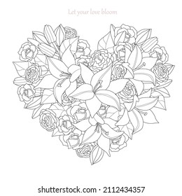 Floral Heart With Lilies And Roses Flowers For Your Coloring Book