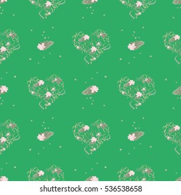 Floral heart with lily for wedding or valentine and mother day. Vector seamless pattern on green background