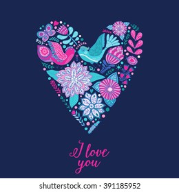 Floral heart made of flowers. Doodle Heart. Valentines day card, herbs and flowers doodles. Valentine s day template greeting card. Flowers in heart shape.