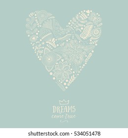 Floral heart made of flowers. Doodle Heart. Valentines day card, herbs and flowers doodles. Valentine s day template greeting card. Flowers in heart shape.