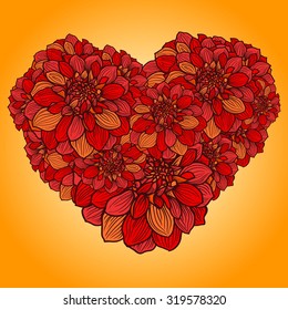 Floral heart made with hand-drawn flowers of dahlia. Design element for wedding event.. Vector illustration.