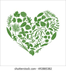 Floral heart made of herbs and flowers. Herbs in heart shape. Ready design for health care products, medicine emblem, eco food, farm store, menu, web, spa salon, greeting card, booklet