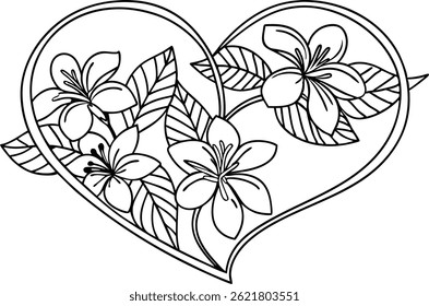 Floral Heart Outline With Blooming Flowers And Leaves Vector Illustration