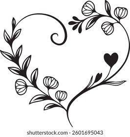 Floral Heart, Outline and Silhouette, Decorative Vector Illustration