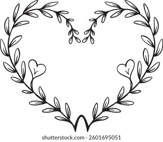 Floral Heart, Outline and Silhouette, Decorative Vector Illustration