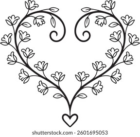 Floral Heart, Outline and Silhouette, Decorative Vector Illustration