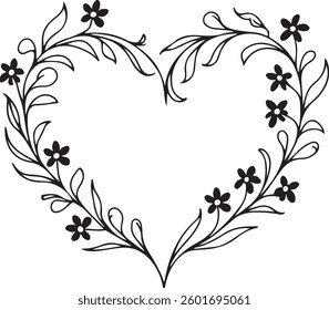 Floral Heart, Outline and Silhouette, Decorative Vector Illustration