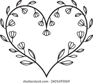 Floral Heart, Outline and Silhouette, Decorative Vector Illustration