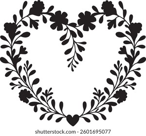 Floral Heart, Outline and Silhouette, Decorative Vector Illustration