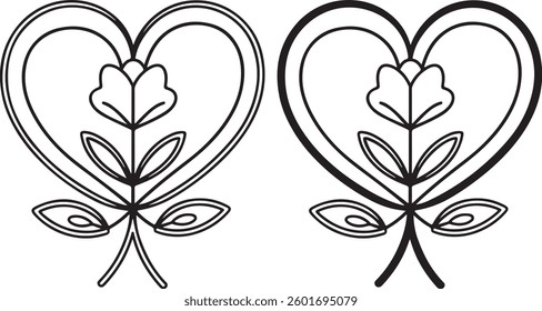 Floral Heart, Outline and Silhouette, Decorative Vector Illustration