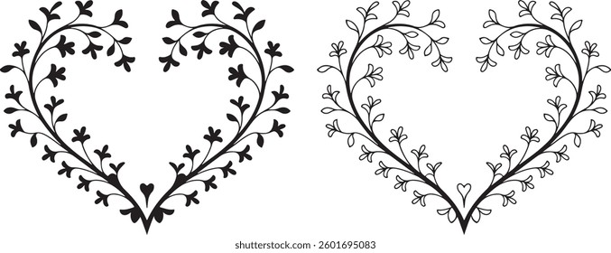 Floral Heart, Outline and Silhouette, Decorative Vector Illustration