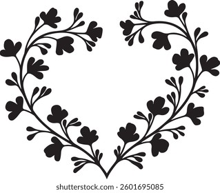 Floral Heart, Outline and Silhouette, Decorative Vector Illustration