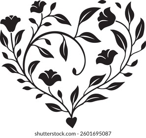 Floral Heart, Outline and Silhouette, Decorative Vector Illustration