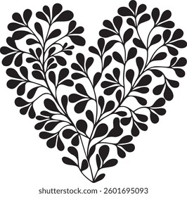 Floral Heart, Outline and Silhouette, Decorative Vector Illustration