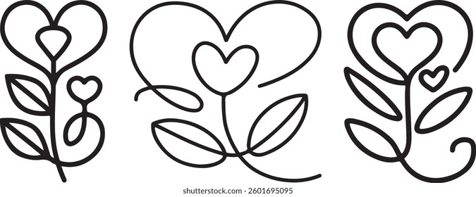 Floral Heart, Outline and Silhouette, Decorative Vector Illustration