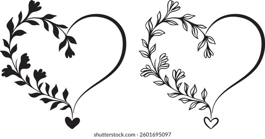 Floral Heart, Outline and Silhouette, Decorative Vector Illustration