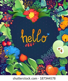 Floral Heart Pattern "Hello". Apples, flowers, tulip, poppy, chrysanthemum, green leaves