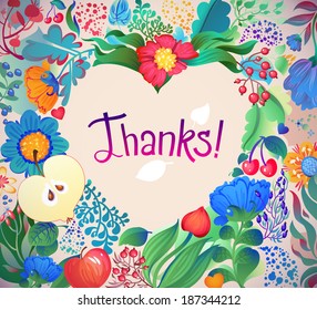 Floral Heart Pattern "Thanks".  Apples, flowers, tulip, poppy, chrysanthemum, green leaves