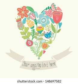 Floral heart with ribbon. Cute retro flowers arranged un a shape of the heart, perfect for wedding invitations ans birthday designs.