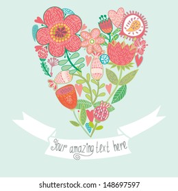 Floral heart with ribbon. Cute retro flowers arranged un a shape of the heart, perfect for wedding invitations ans birthday designs.