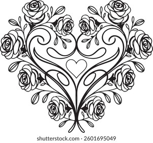 Floral Heart with Roses, Decorative Outline, Elegant Vector Illustration