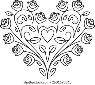 Floral Heart with Roses, Decorative Outline, Elegant Vector Illustration