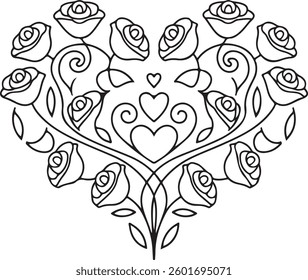 Floral Heart with Roses, Decorative Outline, Elegant Vector Illustration