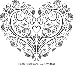 Floral Heart with Roses, Decorative Outline, Elegant Vector Illustration