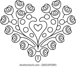 Floral Heart with Roses, Decorative Outline, Elegant Vector Illustration