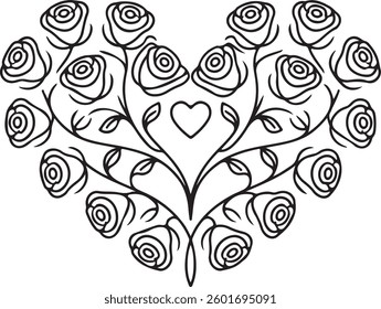 Floral Heart with Roses, Decorative Outline, Elegant Vector Illustration