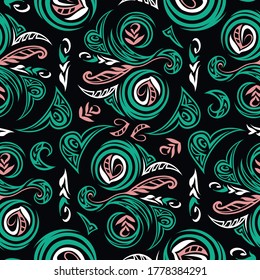 floral heart seamless repeat pattern in biscay green, rose tan, white and next-level black