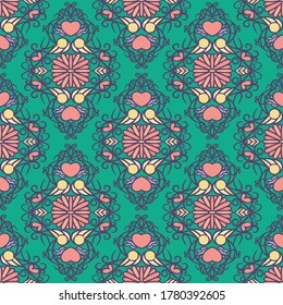 floral heart seamless repeat pattern in grape compote, coral pink, pale sunlight, almond oil, peach nougat, faded denim and biscay green