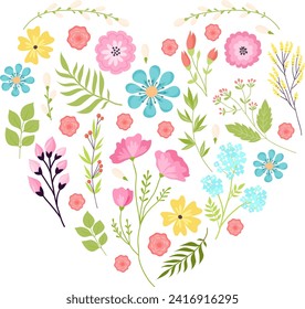 Floral heart shape with colorful flowers and leaves. Nature inspired design, romantic botanical arrangement. Springtime love symbol vector illustration.