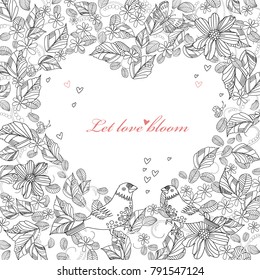 floral heart shape with couple of cute birds for your coloring book. happy valentines day 