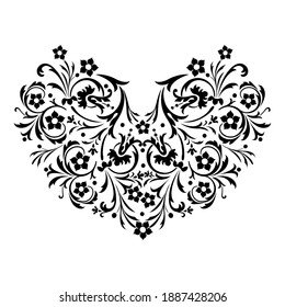 Floral heart shape, floral design element, for cards, invitations, ornamental template, laser cutting, pattern of Valentines day card for cutting plotter. Vector Illustration