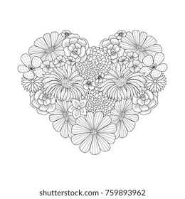 Floral heart shape doodle style. Coloring book page. Ornate black line cute Valentine day background with flower.