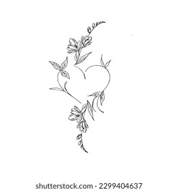 Floral heart shape frame. Decorative frame design with flowers and leaves. Hand drawn vector illustration