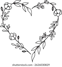 Floral heart shape frame. Decorative frame design with flowers , leaves, and berries. Hand drawn vector illustration.
